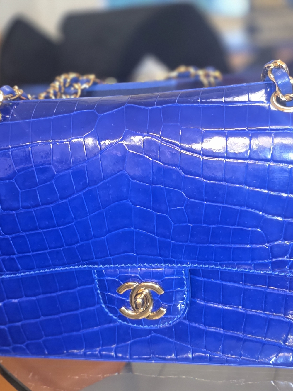 CHANEL Electric Blue Croc-Embossed Shoulder Bag with Gold Hardware